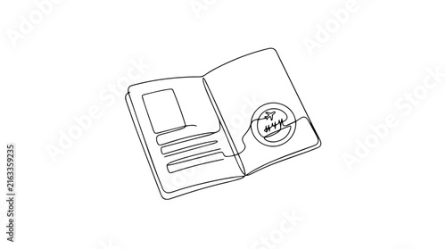 Open passport continuous line drawing. Minimalist travel document vector illustration. Personal identification and visa stamp concept isolated on white background