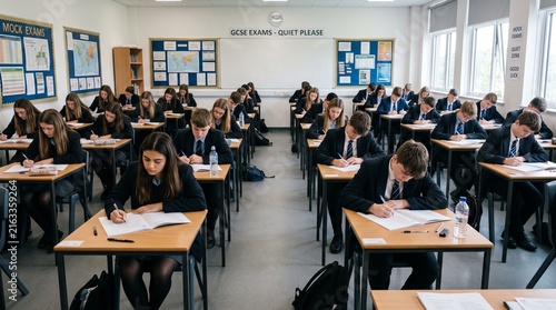 Students in school uniform taking a formal gcse exam in a quiet classroom setting
