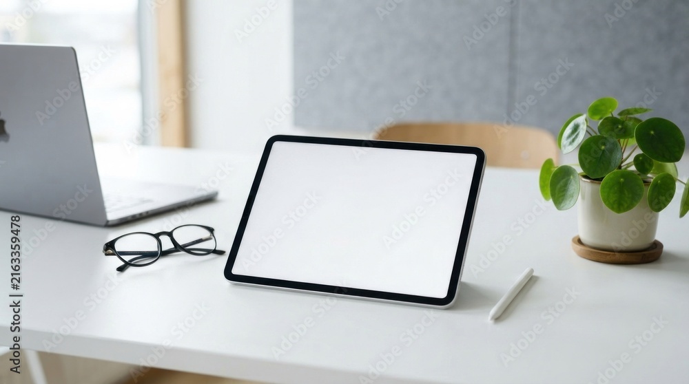 Fototapeta premium Blank tablet screen on white desk with office accessories.