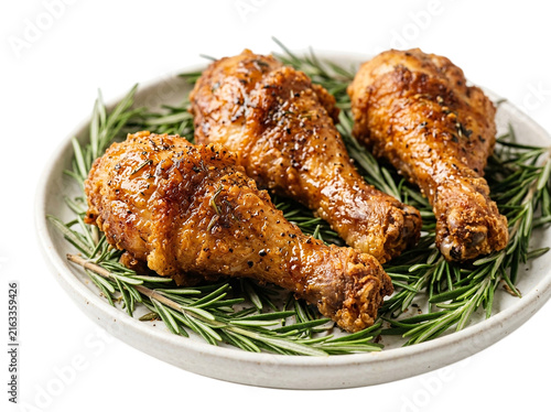 Savory roasted chicken drumsticks seasoned with fresh rosemary beautifully arranged on a white plate with a transparent background