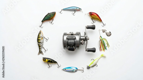 A fishing reel is surrounded by various colorful fishing lures arranged in a circle