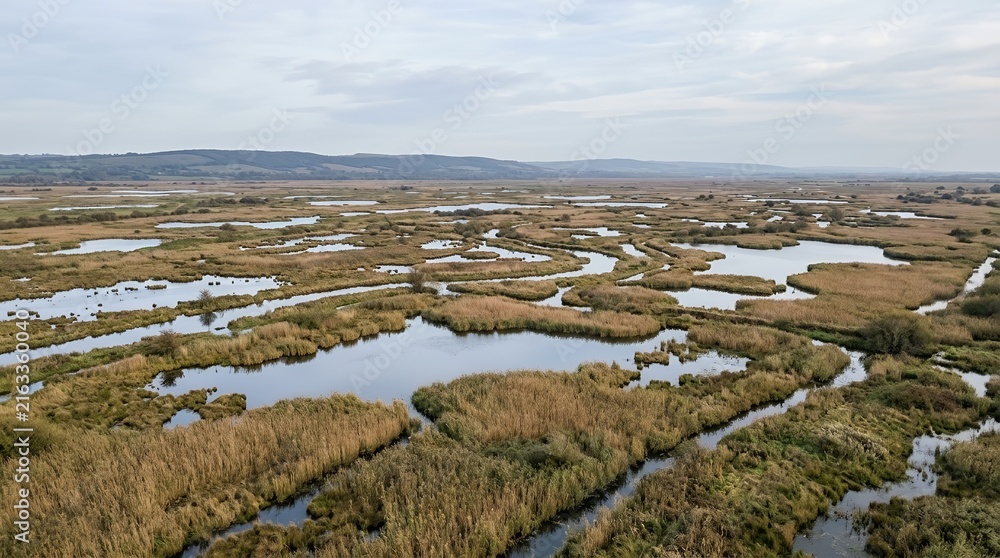 Fototapeta premium Aerial view of a vast wetland marsh with winding water channels and golden reeds under a cloudy sky in a natural park.