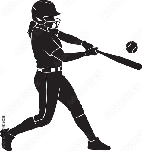 Female softball player silhouette swinging bat at ball with detailed uniform and helmet gear.