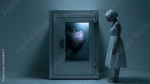 406. A psychological art piece about Emotional Anorexia (fear of feeling too much). A person locking their heart inside a heavy, refrigerated steel safe, leaving it to freeze while they stare 