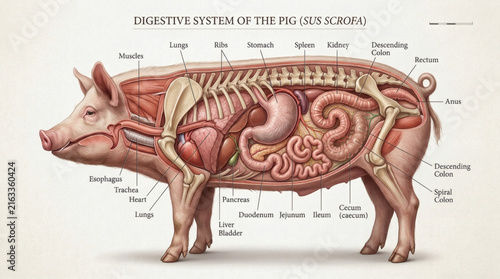 Diagram of the digestive system of a pig, labeled with names of organs