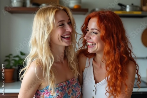 Laughing women gather in a bright kitchen, creating a friendly and cheerful atmosphere.