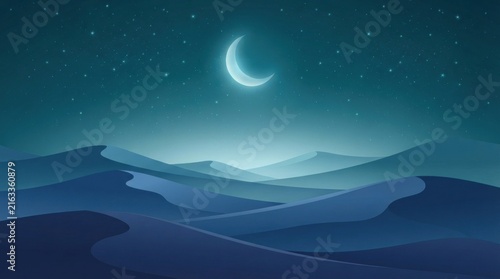 Blue sand dunes under crescent moon in night sky.