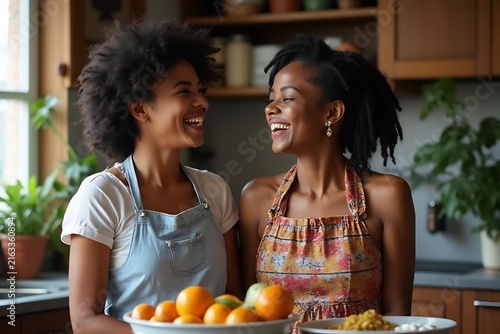 Two laughing women stand in a bright kitchen surrounded by fresh fruit, creating a cheerful and lively atmosphere.