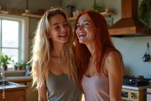 Two women laughing heartily in a modern kitchen, radiating joy and lightness.