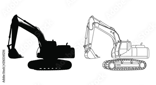 Excavator silhouette and line drawing construction machine