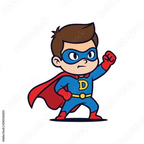 Cute superhero character wearing a blue and red costume, mask and cape, standing confidently in a dynamic cartoon pose, vector