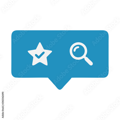 Blue speech bubble containing a star and magnifying glass symbols, representing search, communication and digital discovery, vector