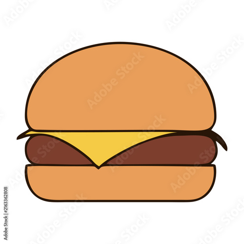 Classic hamburger with bun, lettuce, tomato and cheese in a colorful flat food illustration isolated on a white background, vector