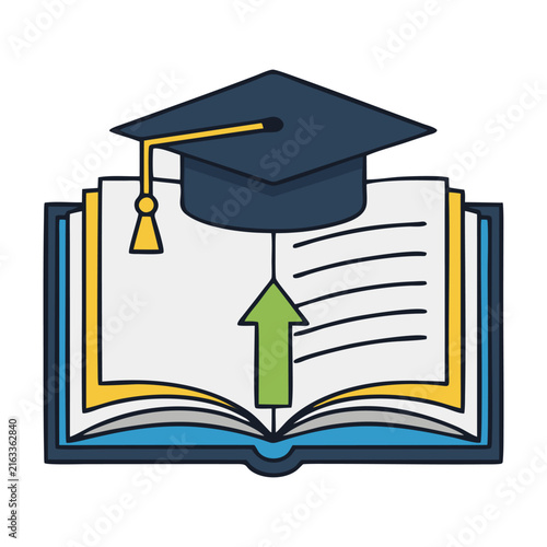 Graduation cap resting on an open book with an upward arrow, representing education, learning and academic achievement, vector