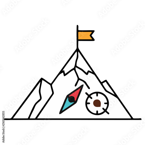 Colorful mountain adventure scene with a climber, flag and soccer ball representing outdoor exploration and achievement, vector