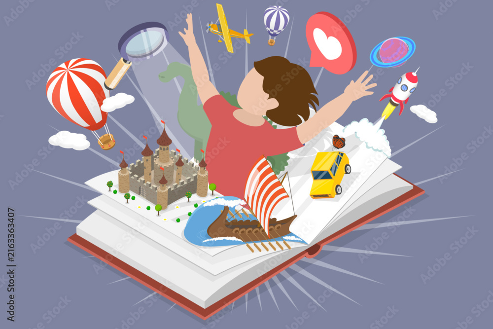 Fototapeta premium 3D Isometric Flat Vector Illustration of Stories For Kids, Children Library