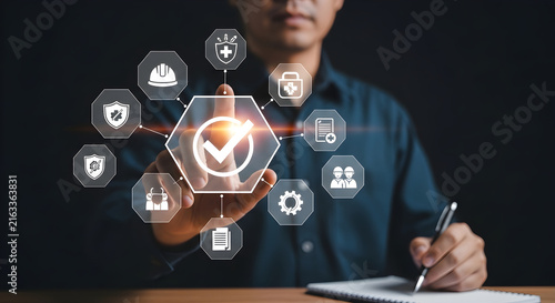 Professional Businessman Touching Digital Interface Displaying Quality Management Standards and Regulatory Compliance Workflow Process icons