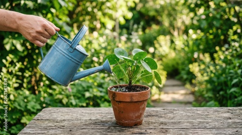 Blue watering can pouring water onto green potted plant outdoors green plant terracotta pot