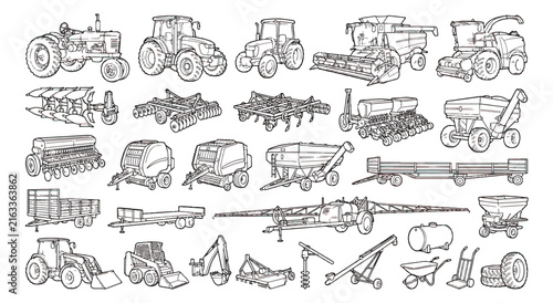 Bild auf Leinwand Hand drawn farm machinery vector set, 25 agricultural equipment icons, vintage s