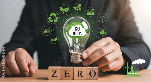 Business person holding a glowing light bulb with environmental energy icons to represent the concept of achieving zero carbon emissions and sustainable growth
