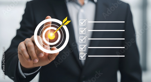 Professional Business Executive Touching Digital Virtual Interface Display Featuring Goal Achievement Strategy and Project Checklist Task Management Icons