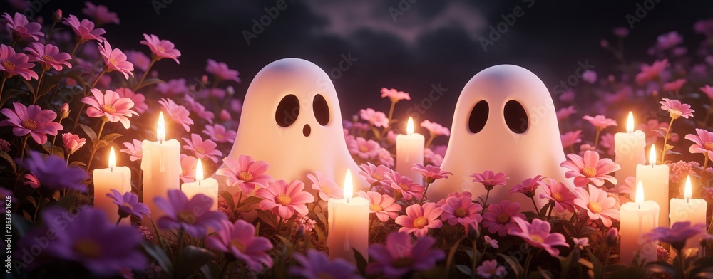 Naklejka premium Two cute white ghosts sit among pink flowers in night garden. Glowing candles light up magical scene with soft warm light. Whimsical characters enjoy peaceful atmosphere in dreamy floral setting.