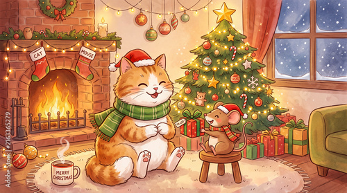 Cat and mouse celebrate Christmas in cozy living room
