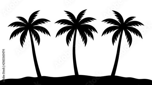 Three black palm tree silhouettes isolated on white background created as a clean vector graphic illustration