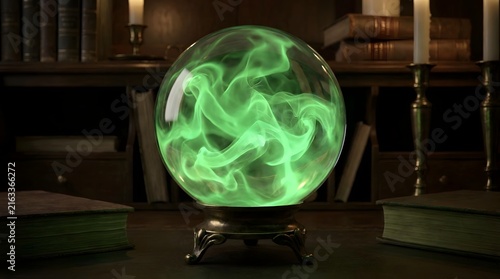 Mysterious glowing green crystal ball revealing ancient secrets and dark prophecies, perfect for a spooky Halloween night of magic and foreboding