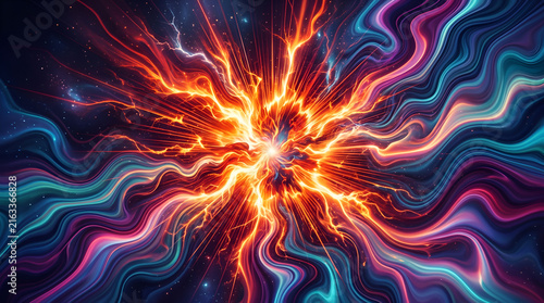 abstract cosmic energy burst with colorful wavy lines of blue and orange light explosion