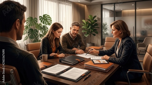 Business Meeting Professional Discussion Around Office Table With Documents