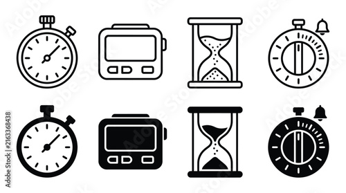 Photography Collection of black and white timekeeping icons on a white background