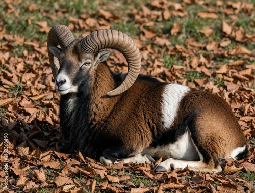 A mouflon ram rests on dry autumn leaves, showcasing its large curved horns and brown fur with a white saddle patch. The wild sheep has a calm gaze and lies down on the forest floor in fallen foliage.