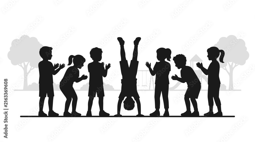 Obraz premium Children Silhouettes Playing Outdoors With One Doing A Handstand