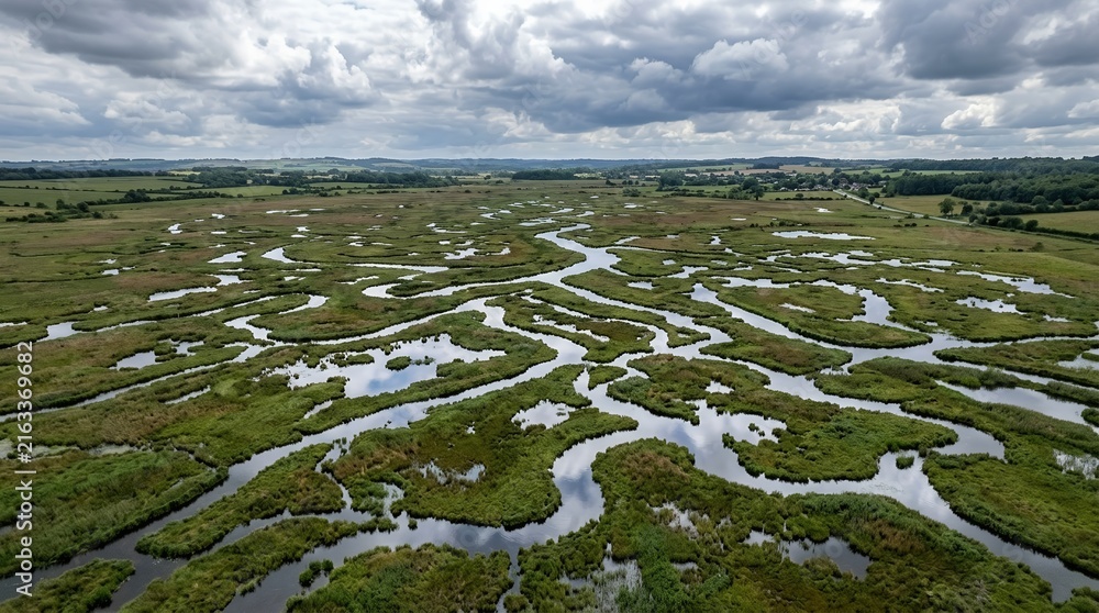 Naklejka premium Aerial View of Meandering Water Channels Through Lush Green Marshland Wetlands Under a Dramatic Cloudy Sky Landscape