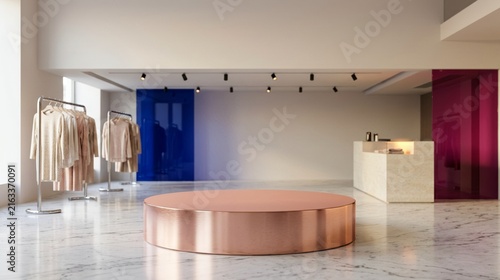 Empty Rose Gold Product Podium in a Sunlit Fashion Boutique for Web Design