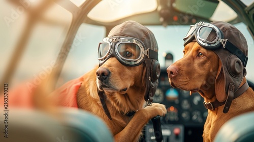 Two dogs dressed as aviators wearing vintage goggles inside an aircraft cockpit. Adventure travel, pilot training, teamwork and pet imagination concept.