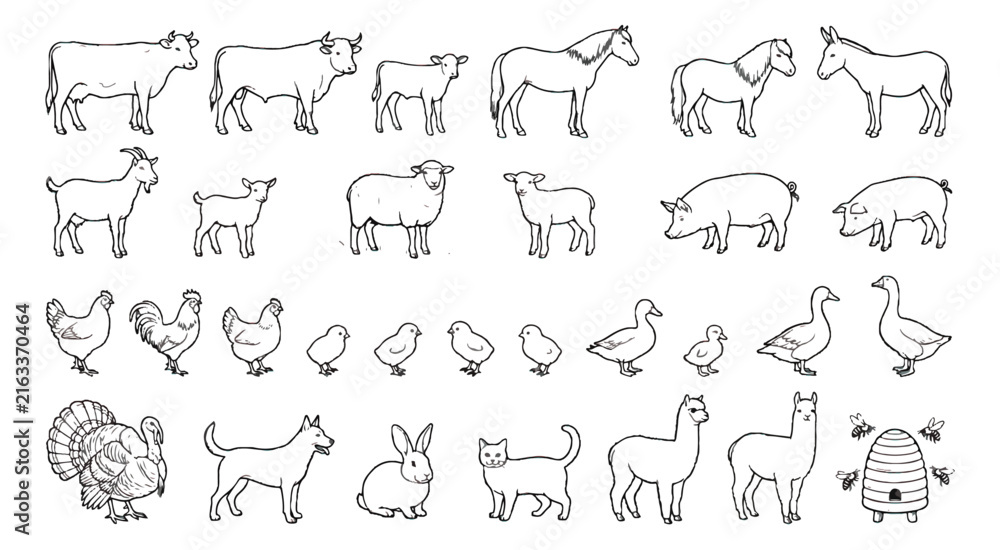 Obraz premium Hand-drawn farm animal icons, 32 line art livestock illustrations, rustic ranch animal vector set for coloring and logos