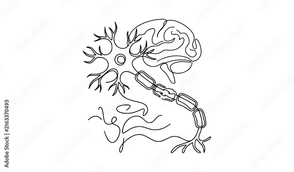 Fototapeta premium Neuron With Damaged Myelin Multiple Sclerosis World MS Day One Line Black White Vector Illustration