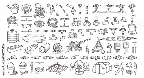 Garden irrigation system icons set, hand drawn watering equipment doodles, agricultural plumbing and farming tool vector illustrations