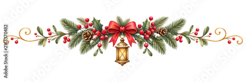 Christmas decorative divider with red bow pine branches pinecones and lantern on transparent background
