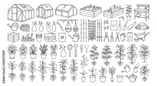 Hand drawn gardening icons set, greenhouse and garden tools vector collection, black and white line art plant illustrations