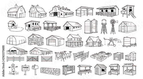 Hand-drawn farm building icons, rustic barn and outbuilding sketches, 35 rural agriculture vector elements for ranch branding