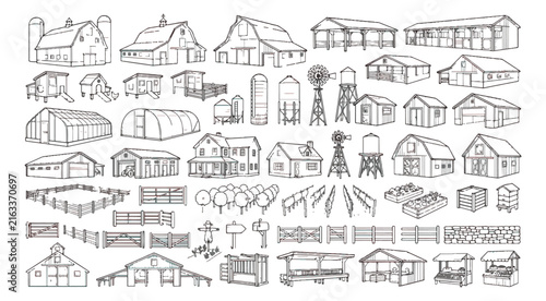Hand drawn farm buildings and barn icons set, rustic countryside architecture sketches, vintage agricultural vector elements for map design