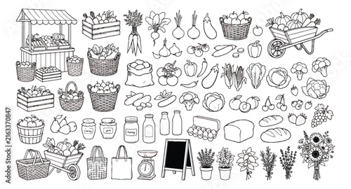 Hand-drawn farmers market icons set, rustic organic food sketches, black and white grocery vector elements for local shop branding