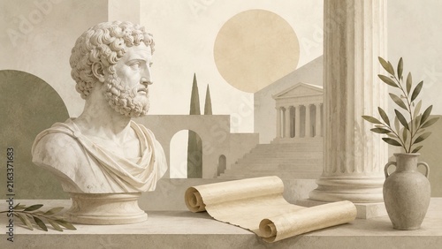 Marble bust of philosopher with scroll against ancient architecture in pastel tones