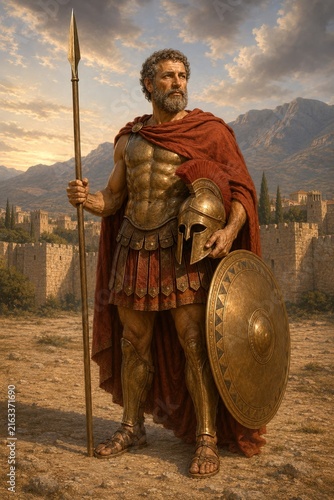 Ancient greek warrior in bronze armor with spear and shield against mountains