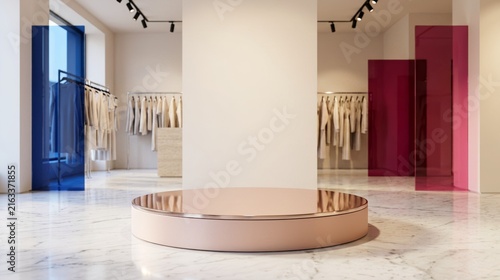 Empty Rose Gold Product Podium in a Sunlit Fashion Boutique for Web Design