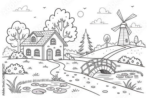 Charming house with windmill and pond in countryside