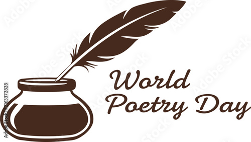 World Poetry Day vintage quill and inkwell vector, brown ink pot with feather pen, literary celebration graphic for writers